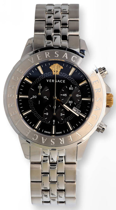 Versace Chronograph Signature Herrenuhr Silber Stahl Schwarz Zifferblatt 44mm VEV600419